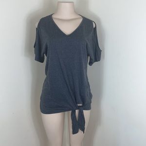 Gray Cold Shoulder Oversized Knot Side Tie T Shirt
